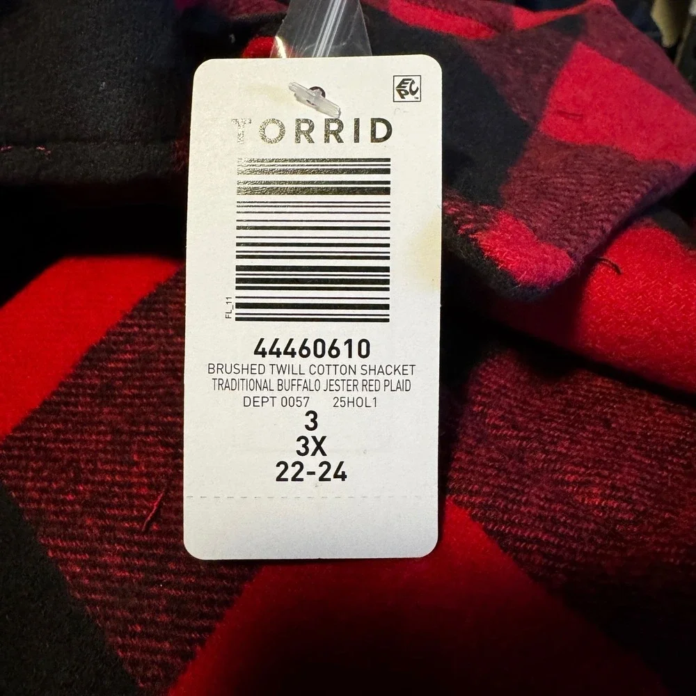 NEW Torrid Brushed Twill Buffalo Plaid Shacket Women's‎ 3X Red Long Line Landman